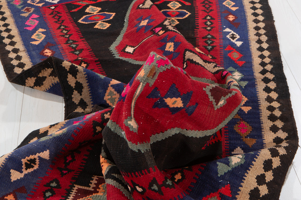 Vintage Deep Navy Blue, Pink & Red Handwoven Kilim – 13' 0" x 4' 11" (396 x 151 cm)