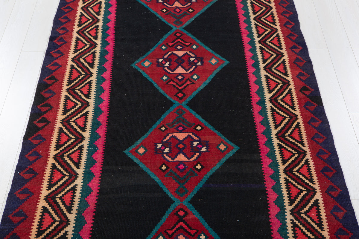 Vintage Deep Navy Blue, Pink & Red Handwoven Kilim – 12' 9" x 5' 3" (389 x 160 cm)