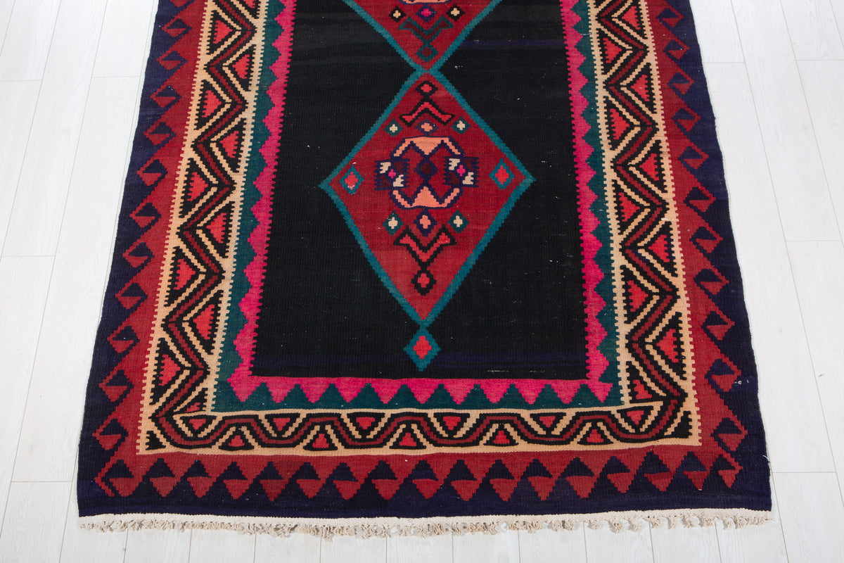 Vintage Deep Navy Blue, Pink & Red Handwoven Kilim – 12' 9" x 5' 3" (389 x 160 cm)