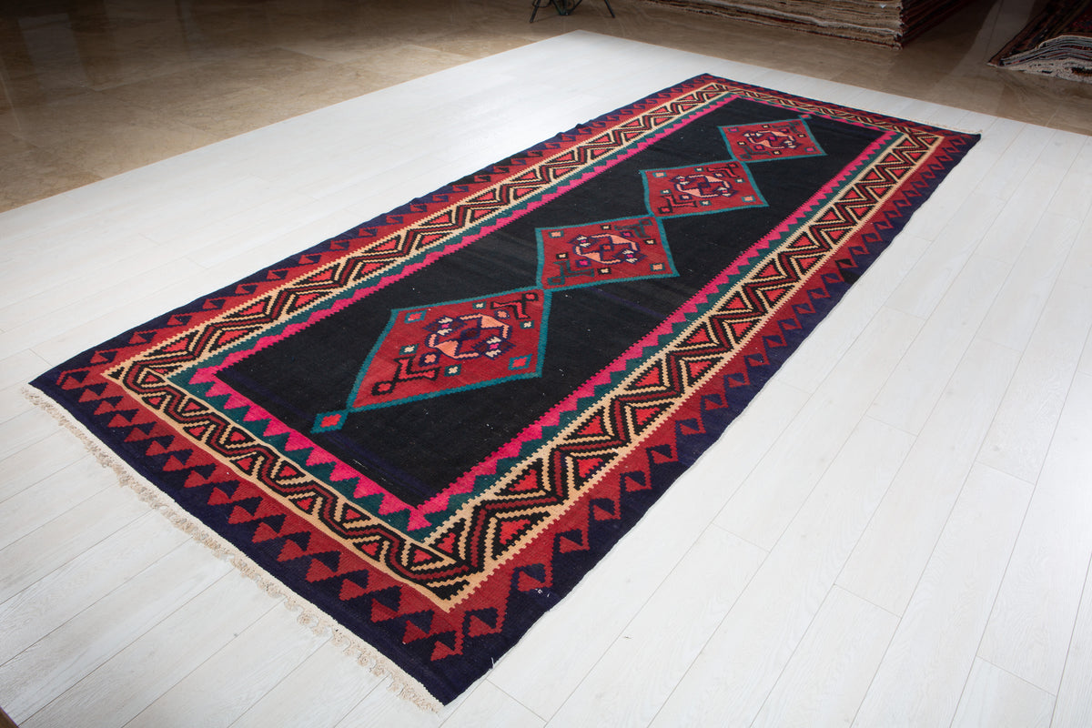 Vintage Deep Navy Blue, Pink & Red Handwoven Kilim – 12' 9" x 5' 3" (389 x 160 cm)