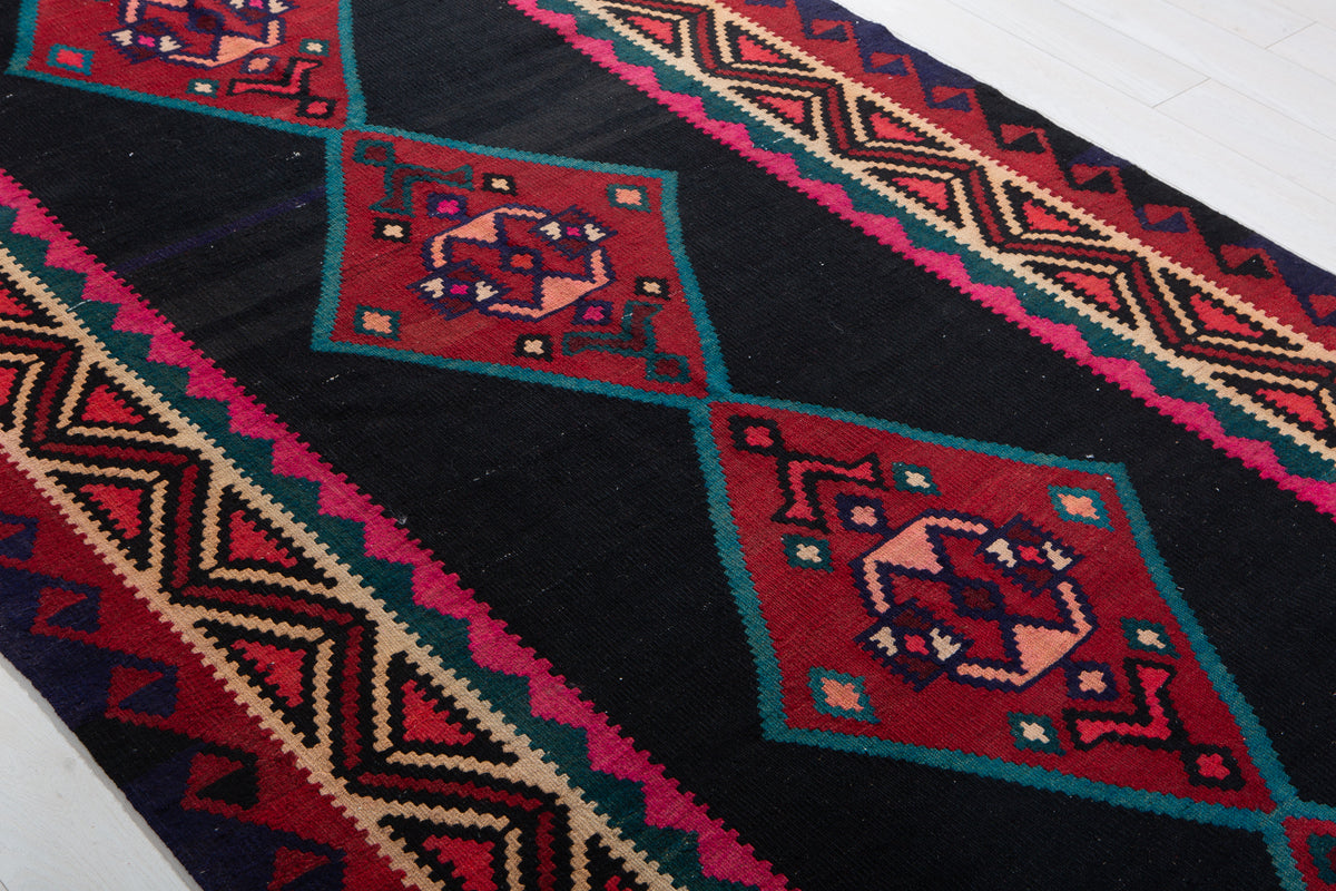 Vintage Deep Navy Blue, Pink & Red Handwoven Kilim – 12' 9" x 5' 3" (389 x 160 cm)