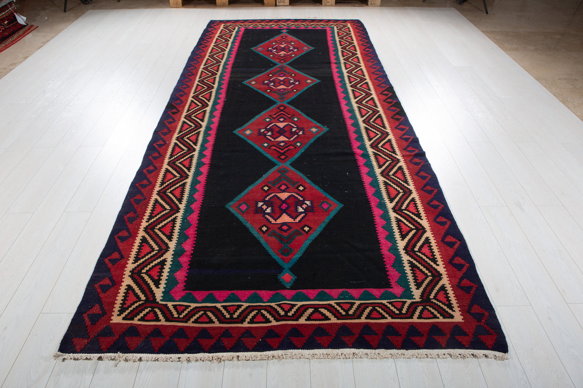 Vintage Deep Navy Blue, Pink & Red Handwoven Kilim – 12' 9" x 5' 3" (389 x 160 cm)