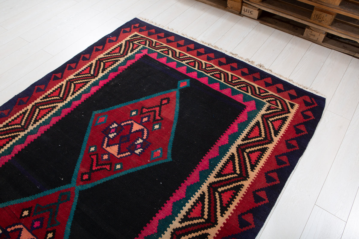 Vintage Deep Navy Blue, Pink & Red Handwoven Kilim – 12' 9" x 5' 3" (389 x 160 cm)