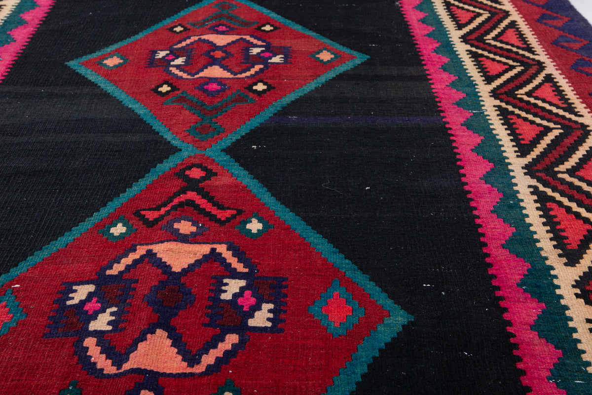 Vintage Deep Navy Blue, Pink & Red Handwoven Kilim – 12' 9" x 5' 3" (389 x 160 cm)