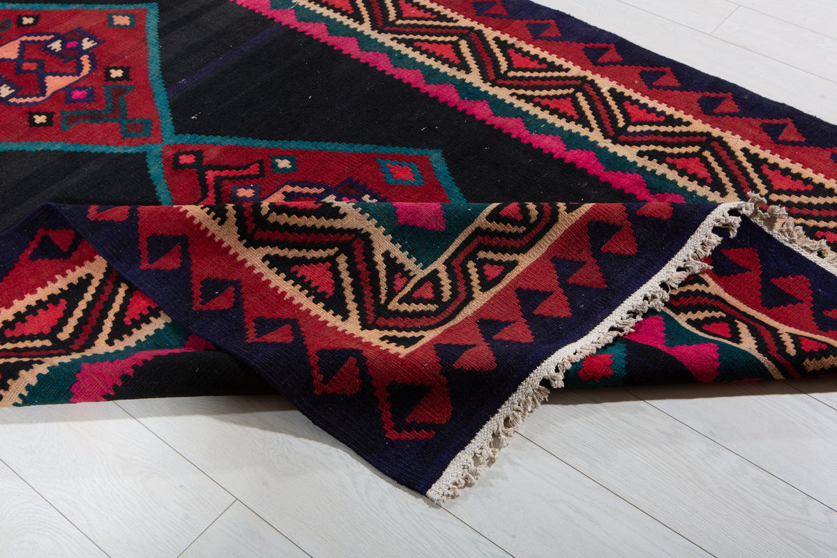 Vintage Deep Navy Blue, Pink & Red Handwoven Kilim – 12' 9" x 5' 3" (389 x 160 cm)