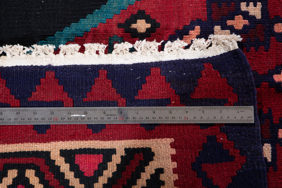 Vintage Deep Navy Blue, Pink & Red Handwoven Kilim – 12' 9" x 5' 3" (389 x 160 cm)