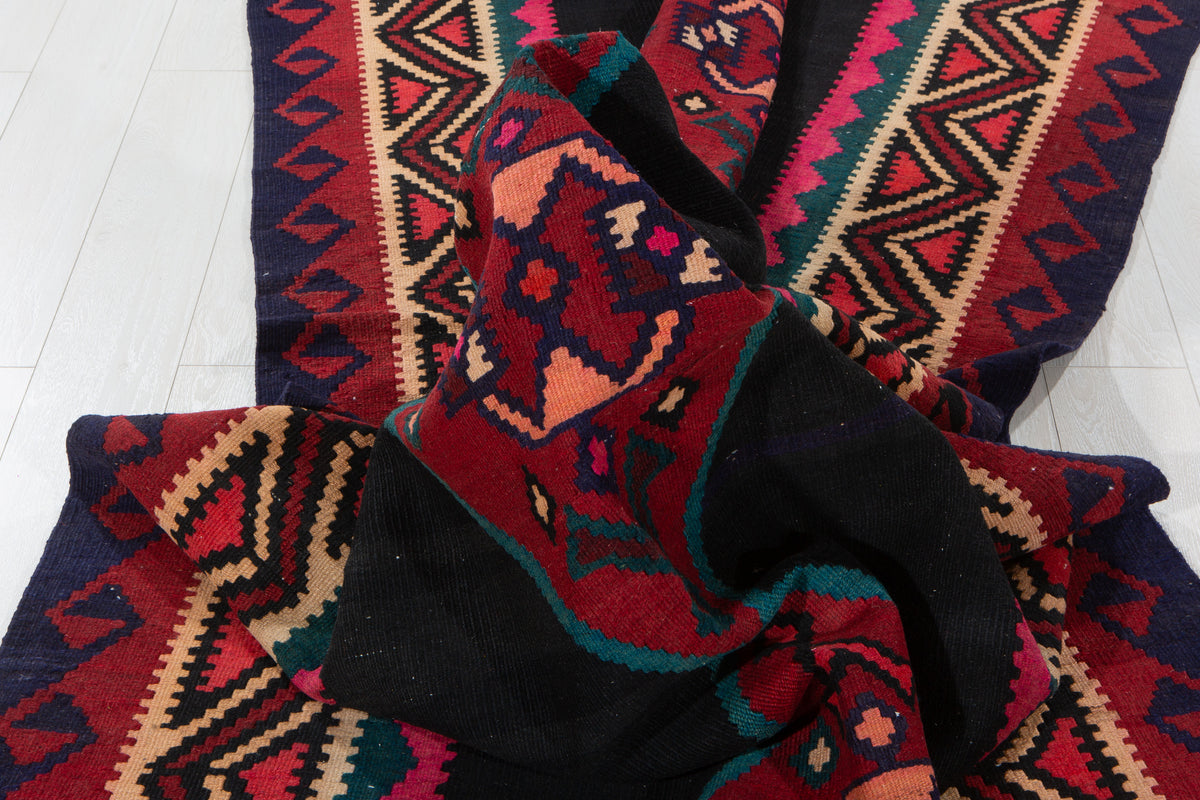 Vintage Deep Navy Blue, Pink & Red Handwoven Kilim – 12' 9" x 5' 3" (389 x 160 cm)