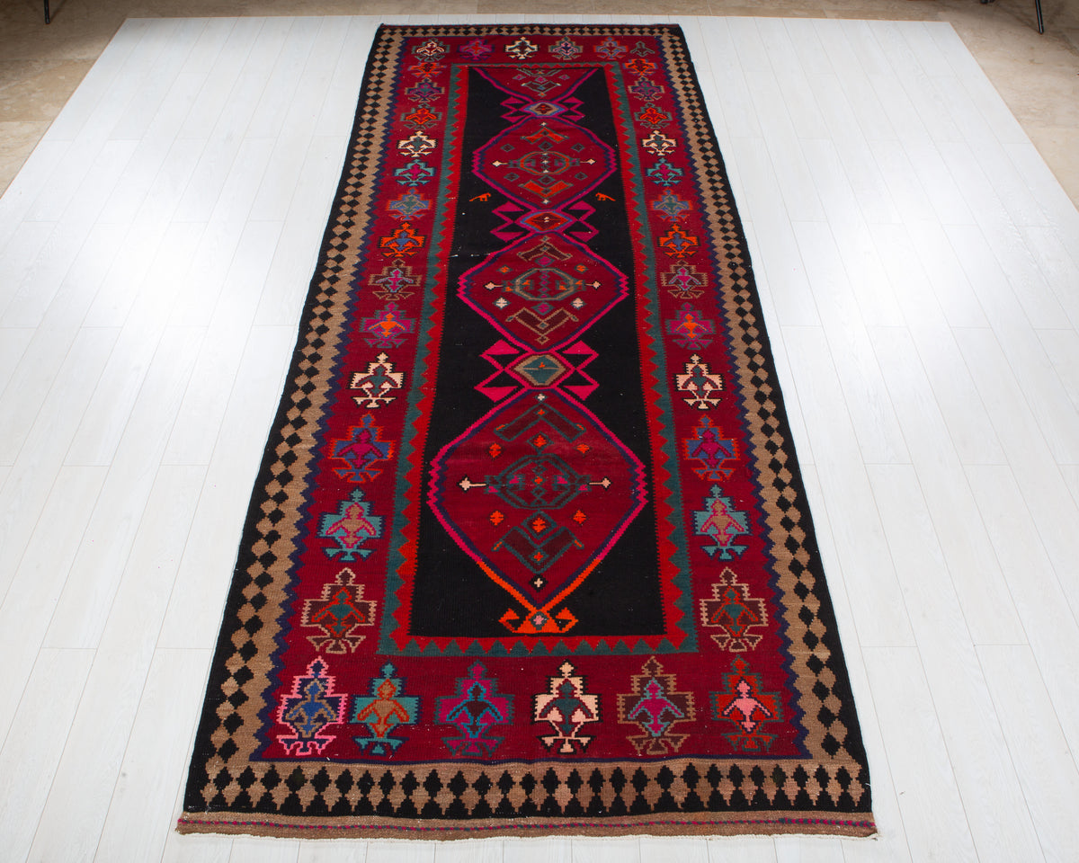 Vintage Deep Navy Blue, Pink & Red Handwoven Kilim – 13' 0" x 5' 0" (397 x 152 cm)