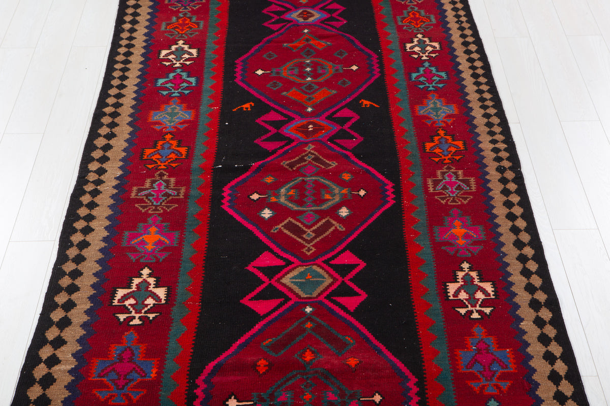 Vintage Deep Navy Blue, Pink & Red Handwoven Kilim – 13' 0" x 5' 0" (397 x 152 cm)