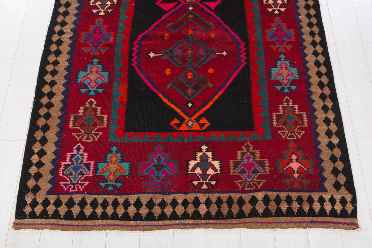 Vintage Deep Navy Blue, Pink & Red Handwoven Kilim – 13' 0" x 5' 0" (397 x 152 cm)