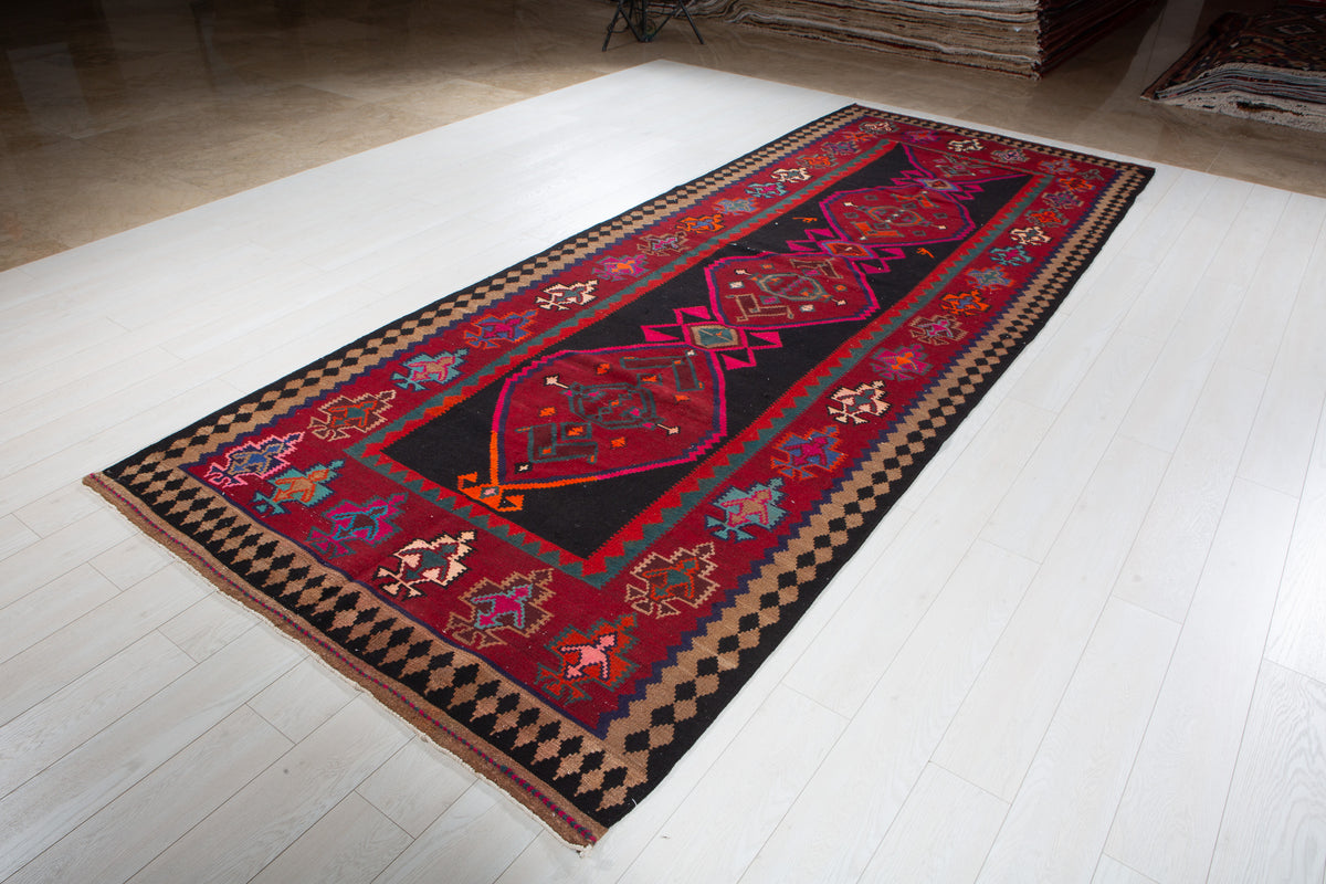 Vintage Deep Navy Blue, Pink & Red Handwoven Kilim – 13' 0" x 5' 0" (397 x 152 cm)