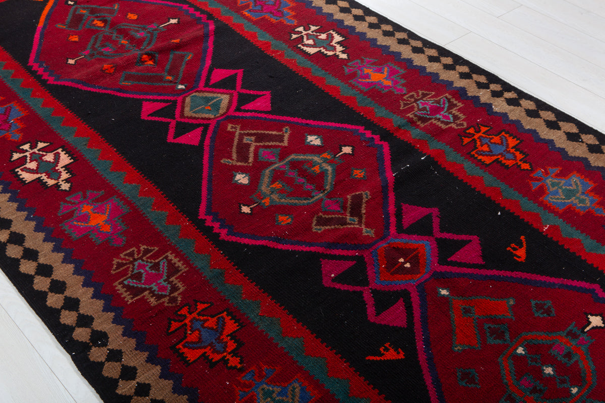 Vintage Deep Navy Blue, Pink & Red Handwoven Kilim – 13' 0" x 5' 0" (397 x 152 cm)