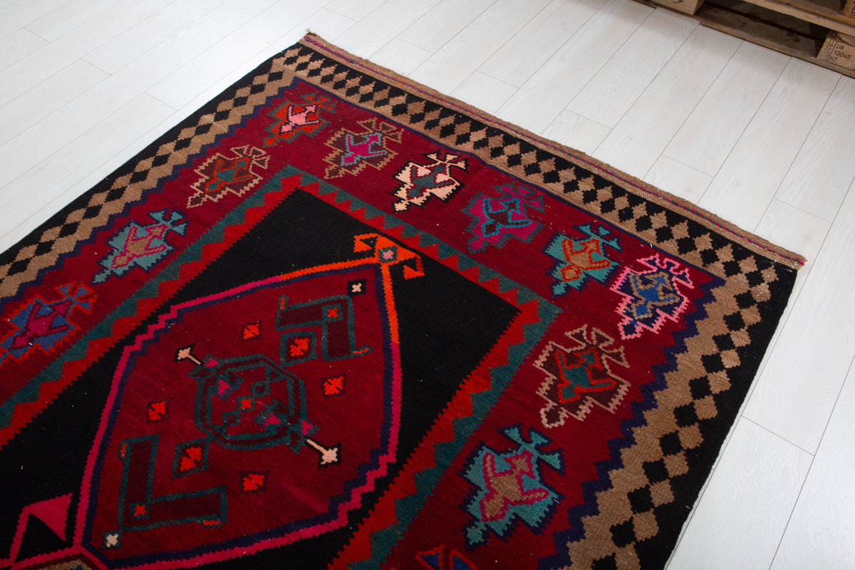 Vintage Deep Navy Blue, Pink & Red Handwoven Kilim – 13' 0" x 5' 0" (397 x 152 cm)