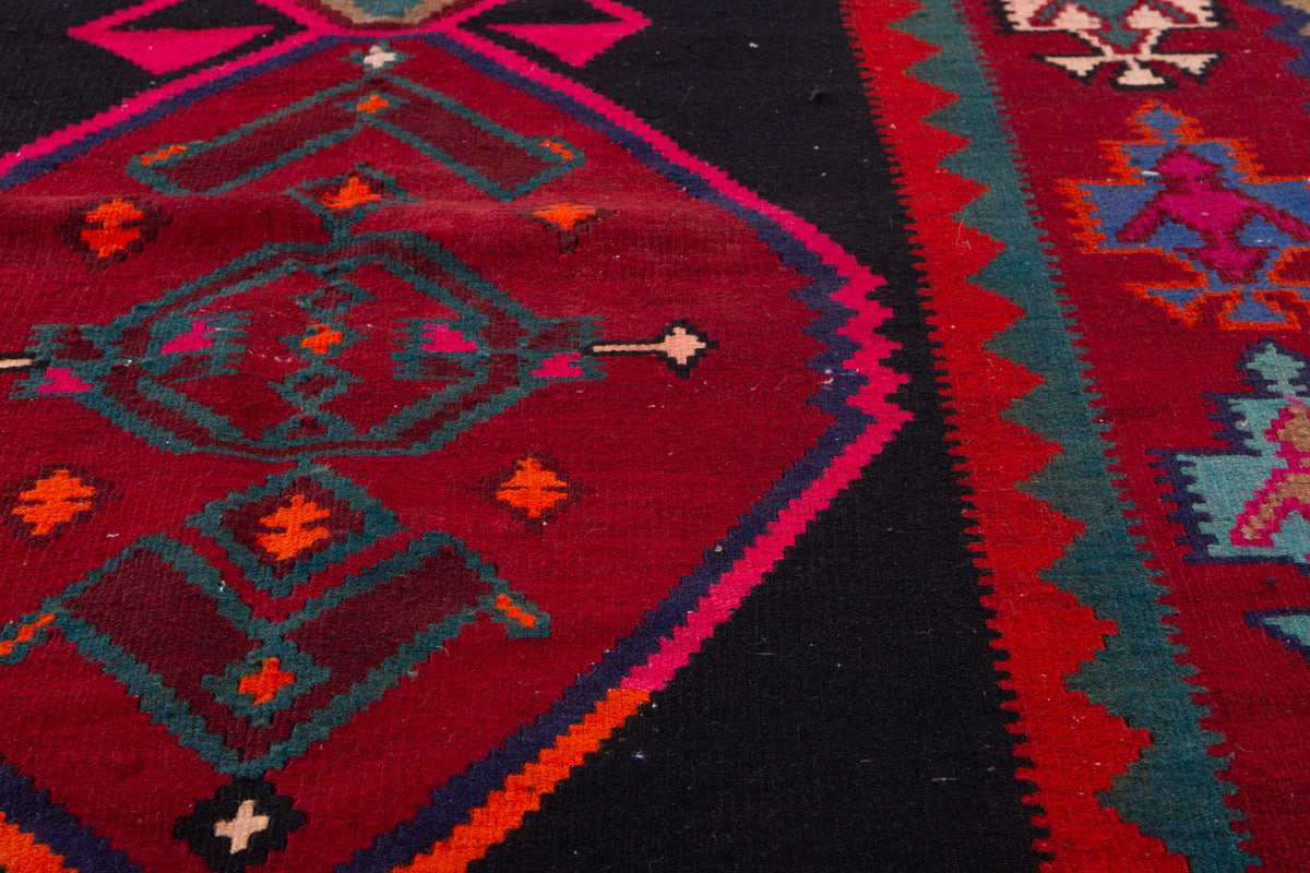 Vintage Deep Navy Blue, Pink & Red Handwoven Kilim – 13' 0" x 5' 0" (397 x 152 cm)