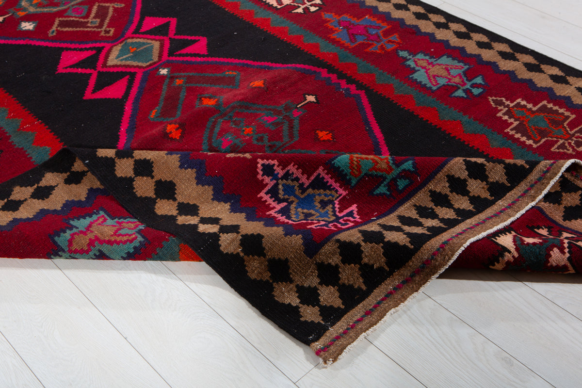 Vintage Deep Navy Blue, Pink & Red Handwoven Kilim – 13' 0" x 5' 0" (397 x 152 cm)