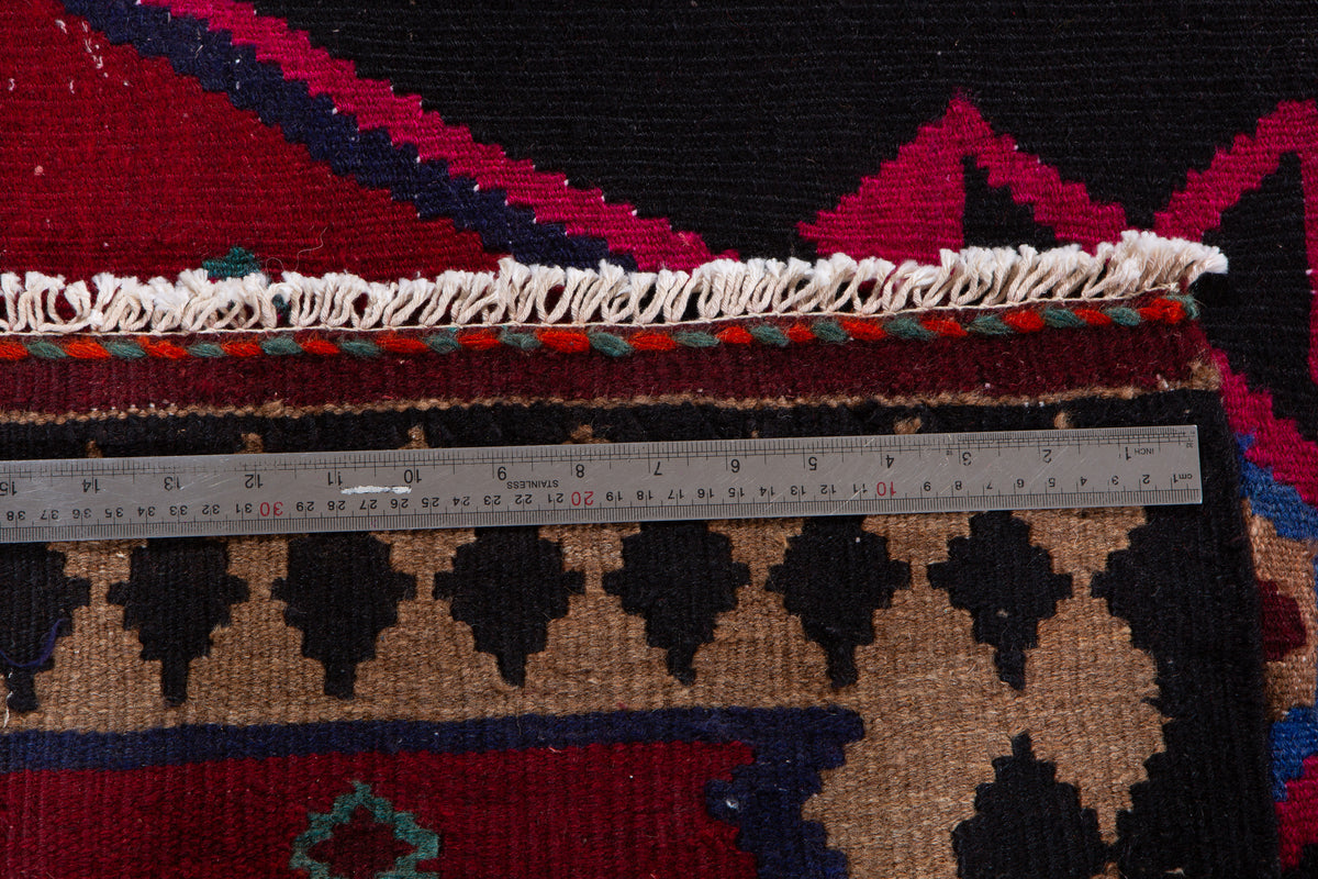 Vintage Deep Navy Blue, Pink & Red Handwoven Kilim – 13' 0" x 5' 0" (397 x 152 cm)