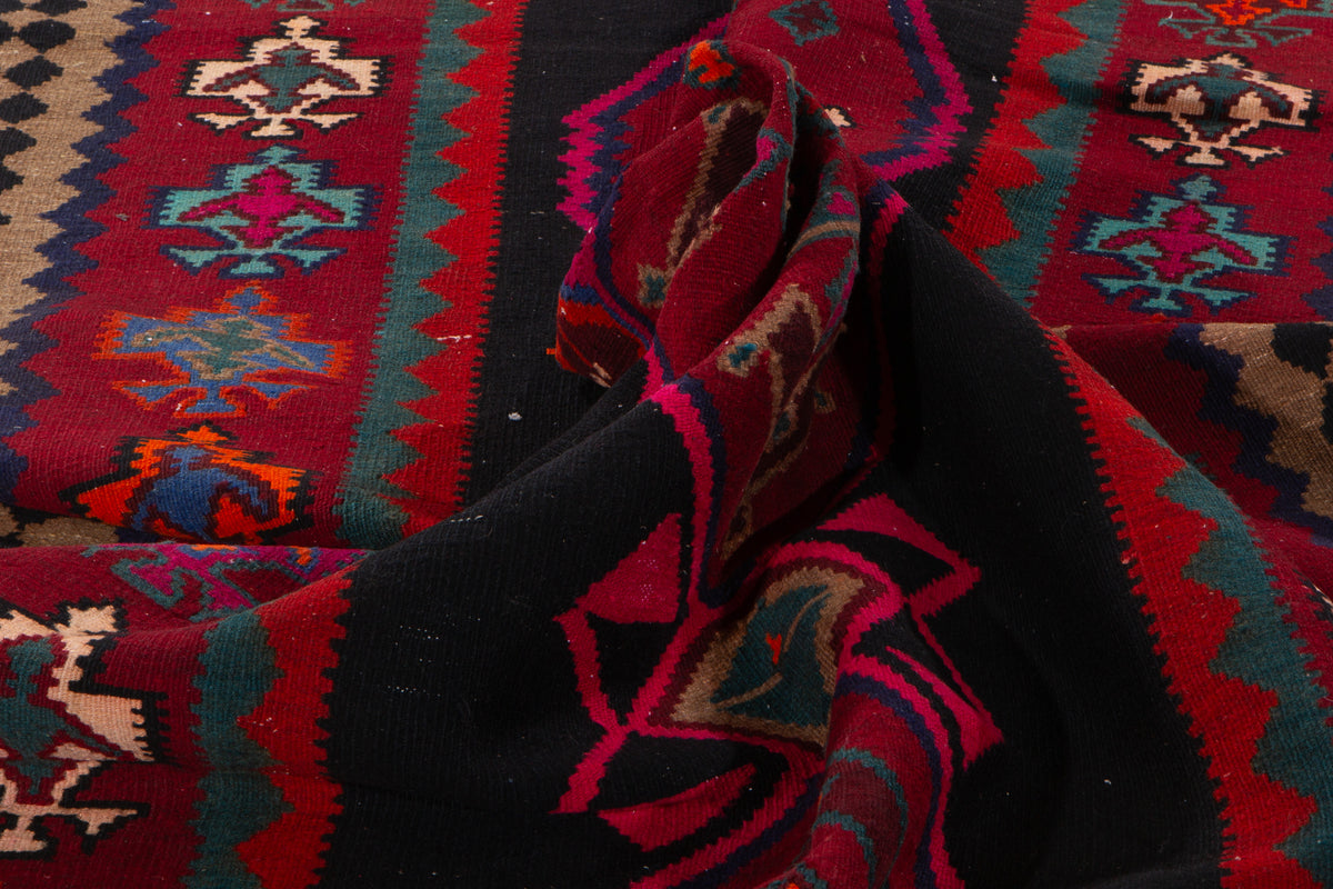 Vintage Deep Navy Blue, Pink & Red Handwoven Kilim – 13' 0" x 5' 0" (397 x 152 cm)