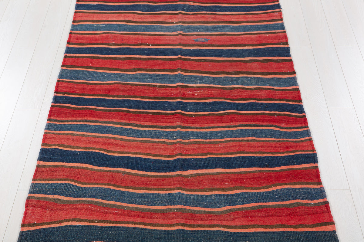 Vintage Red & Navy Blue Handwoven Kilim – 13' 4" x 4' 8" (406 x 141 cm)