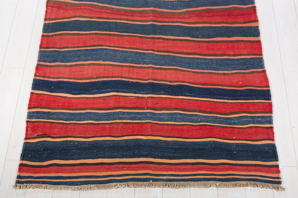 Vintage Red & Navy Blue Handwoven Kilim – 13' 4" x 4' 8" (406 x 141 cm)