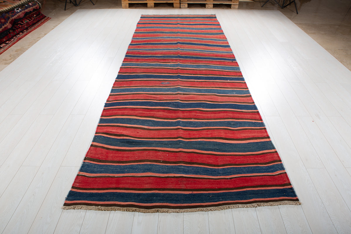 Vintage Red & Navy Blue Handwoven Kilim – 13' 4" x 4' 8" (406 x 141 cm)
