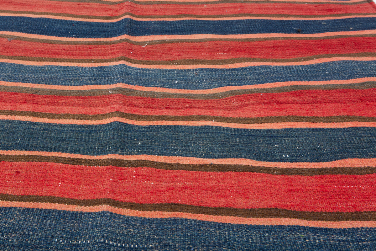 Vintage Red & Navy Blue Handwoven Kilim – 13' 4" x 4' 8" (406 x 141 cm)