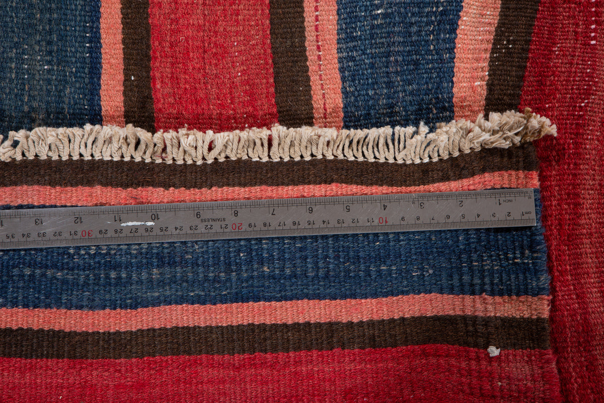 Vintage Red & Navy Blue Handwoven Kilim – 13' 4" x 4' 8" (406 x 141 cm)