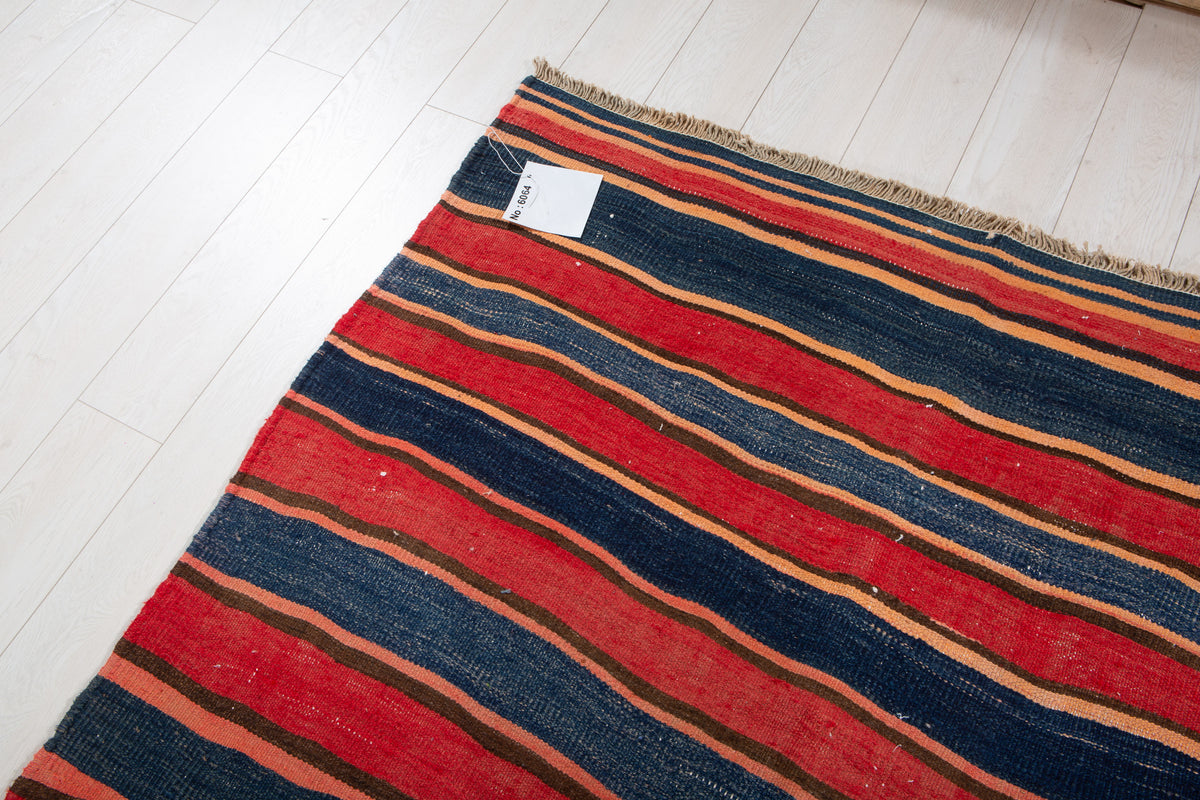 Vintage Red & Navy Blue Handwoven Kilim – 13' 4" x 4' 8" (406 x 141 cm)