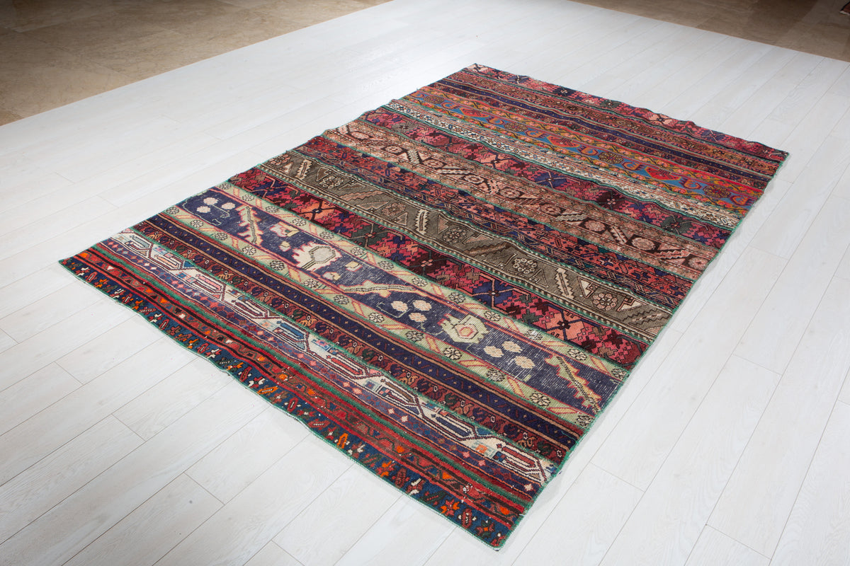 Vintage Multicolour Hand-Knotted Patchwork Rug – 7' 11" x 5' 6" (242 x 168 cm)