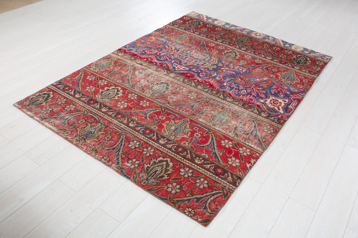 Vintage Multicolour Hand-Knotted Patchwork Rug – 6' 11" x 5' 0" (212 x 152 cm)