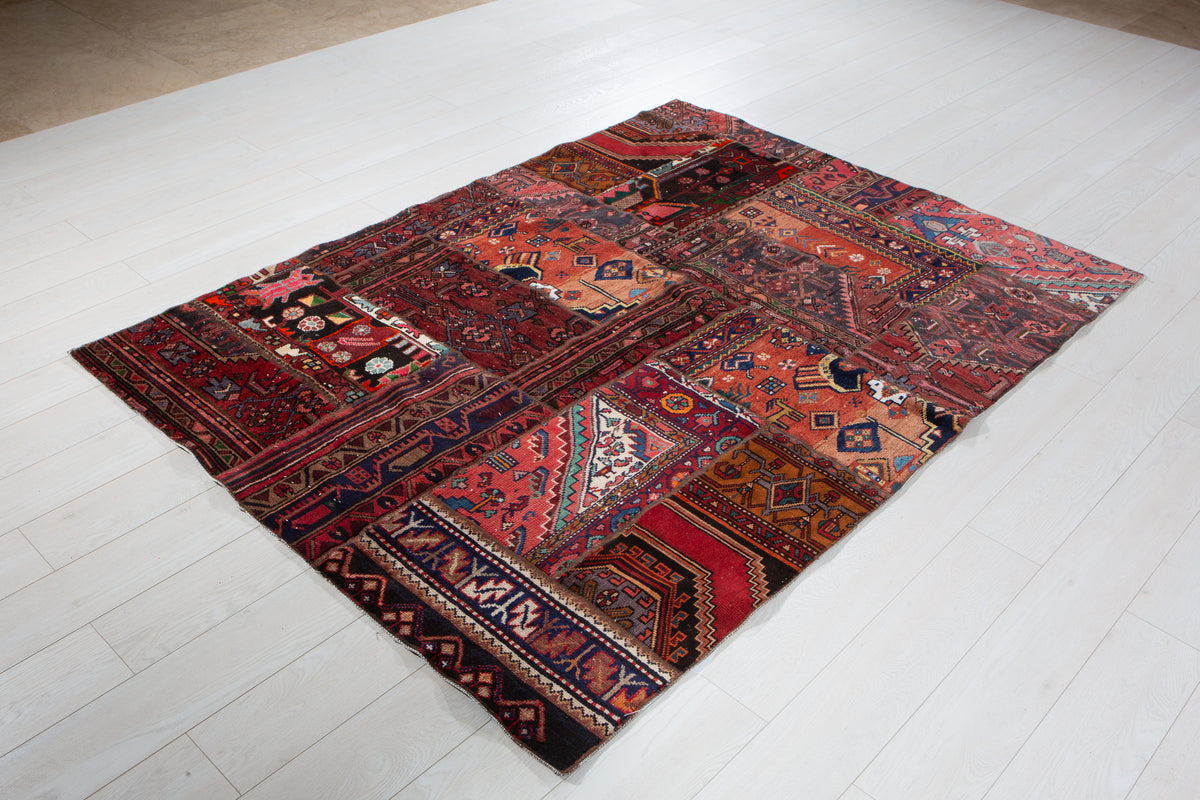 Vintage Multicolour Hand-Knotted Patchwork Rug – 6' 8" x 4' 10" (203 x 147 cm)