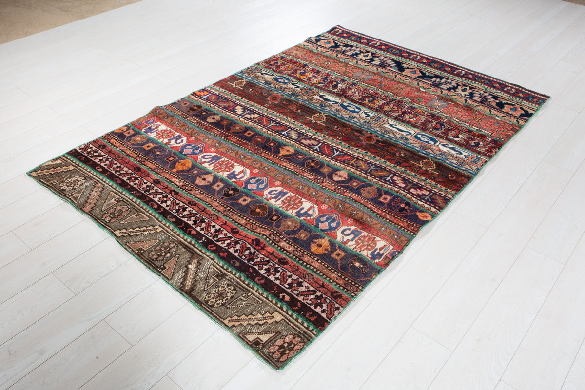 Vintage Multicolour Hand-Knotted Patchwork Rug – 7' 4" x 4' 8" (224 x 141 cm)