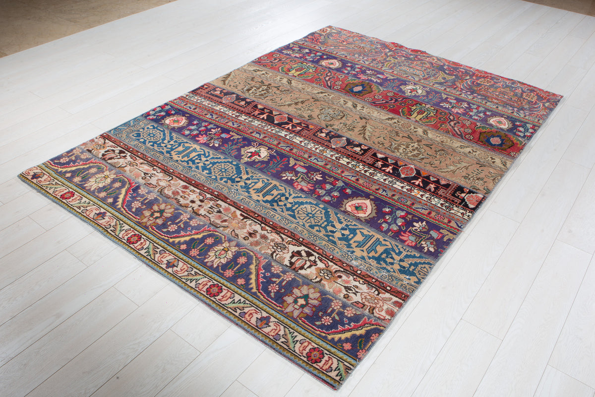 Vintage Multicolour Hand-Knotted Patchwork Rug – 7' 10" x 5' 7" (240 x 171 cm)