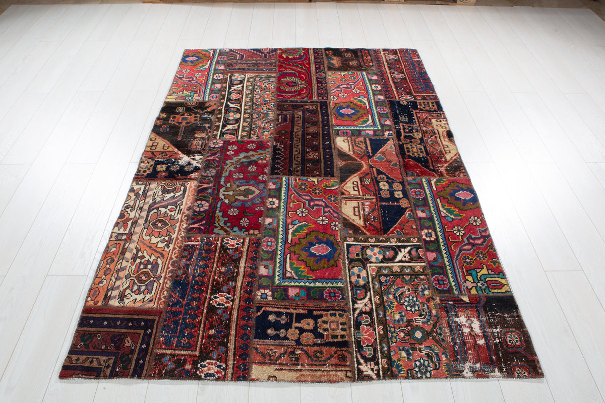 Vintage Multicolour Hand-Knotted Patchwork Rug – 6' 9" x 4' 8" (207 x 141 cm)