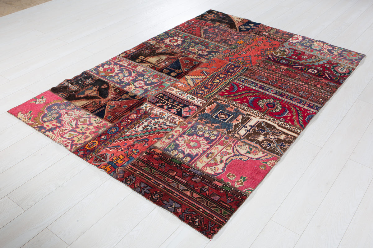 Vintage Multicolour Hand-Knotted Patchwork Rug – 6' 11" x 4' 9" (211 x 146 cm)