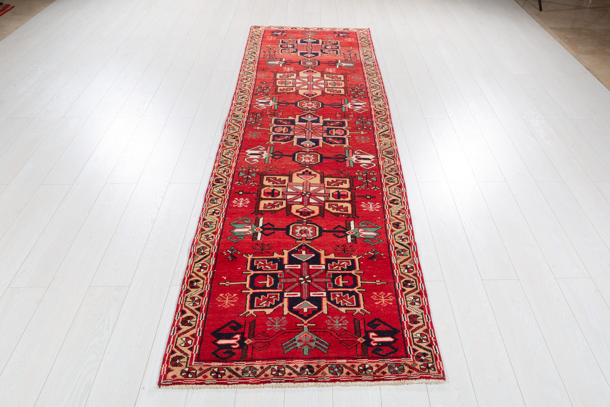 Antique Tribal Geometric Runner Rug, Red – 10' 0" x 3' 0" (304 x 92 cm)