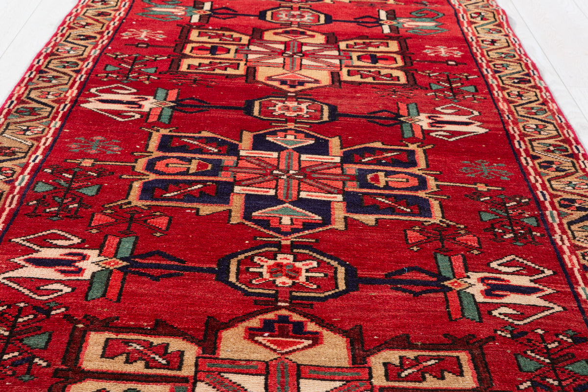 Antique Tribal Geometric Runner Rug, Red – 10' 0" x 3' 0" (304 x 92 cm)