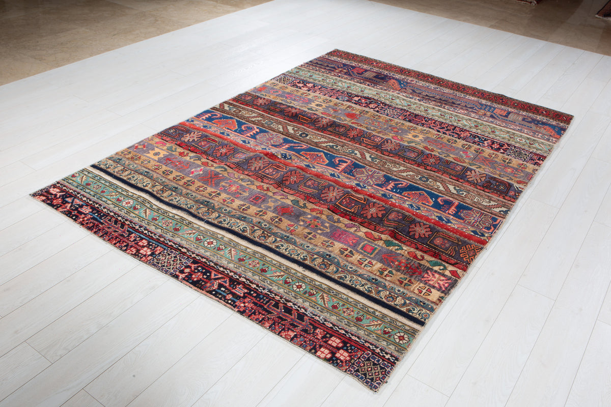 Vintage Multicolour Hand-Knotted Patchwork Rug – 7' 10" x 5' 7" (240 x 171 cm)