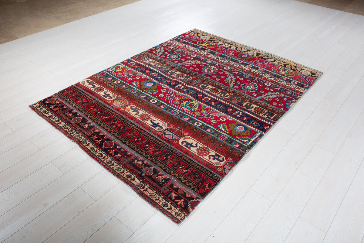 Vintage Multicolour Hand-Knotted Patchwork Rug – 6' 10" x 4' 11" (208 x 151 cm)