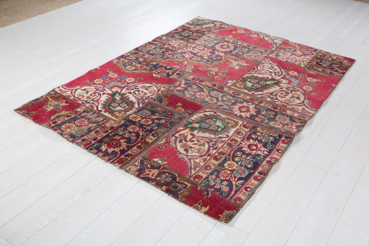 Vintage Multicolour Hand-Knotted Patchwork Rug – 6' 9" x 4' 10" (206 x 148 cm)