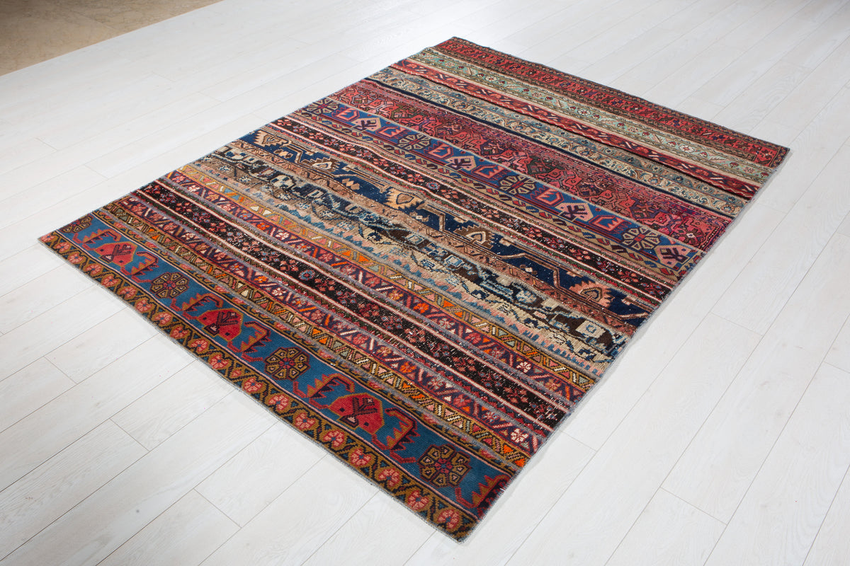 Vintage Multicolour Hand-Knotted Patchwork Rug – 6' 8" x 5' 0" (202 x 152 cm)