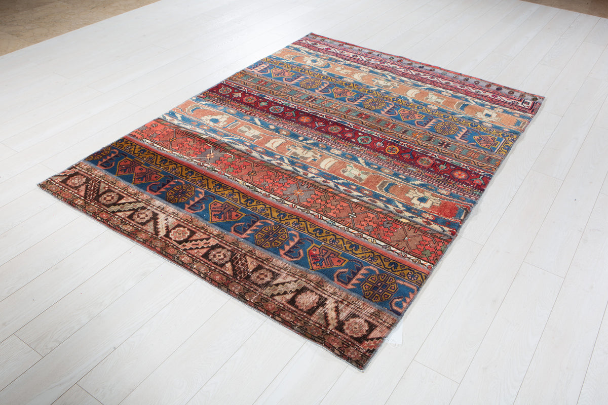 Vintage Multicolour Hand-Knotted Patchwork Rug – 6' 9" x 4' 11" (207 x 151 cm)