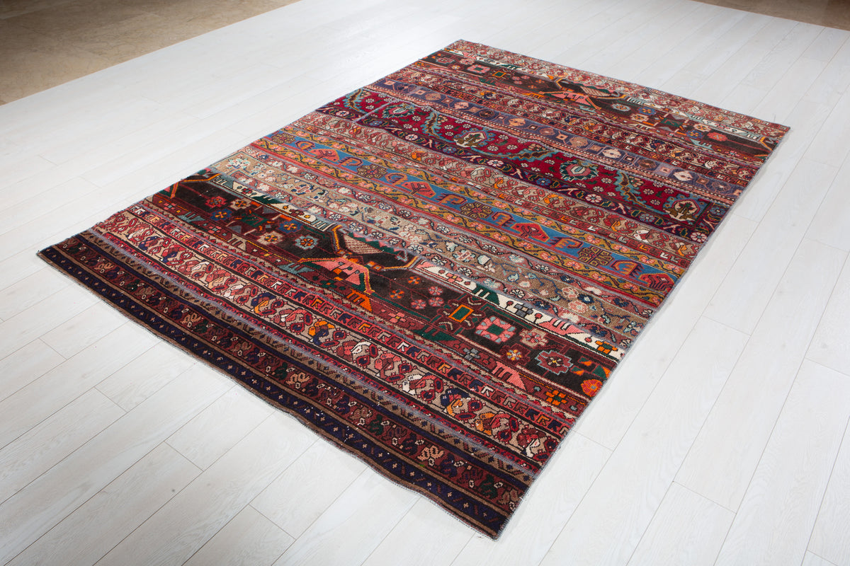 Vintage Multicolour Hand-Knotted Patchwork Rug – 8' 0" x 5' 8" (245 x 173 cm)