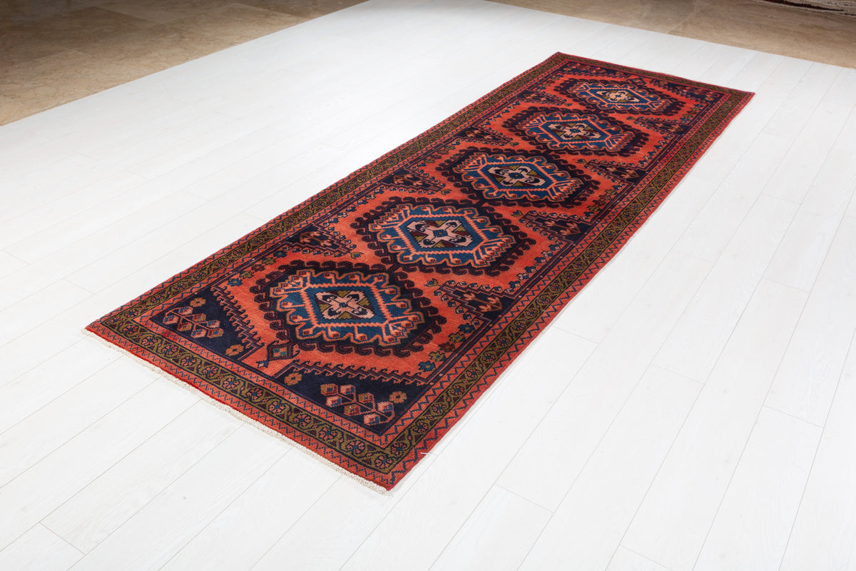 Vintage Geometric Medallion Runner Rug, Orange Red – 10' 0" x 3' 5" (304 x 104 cm)