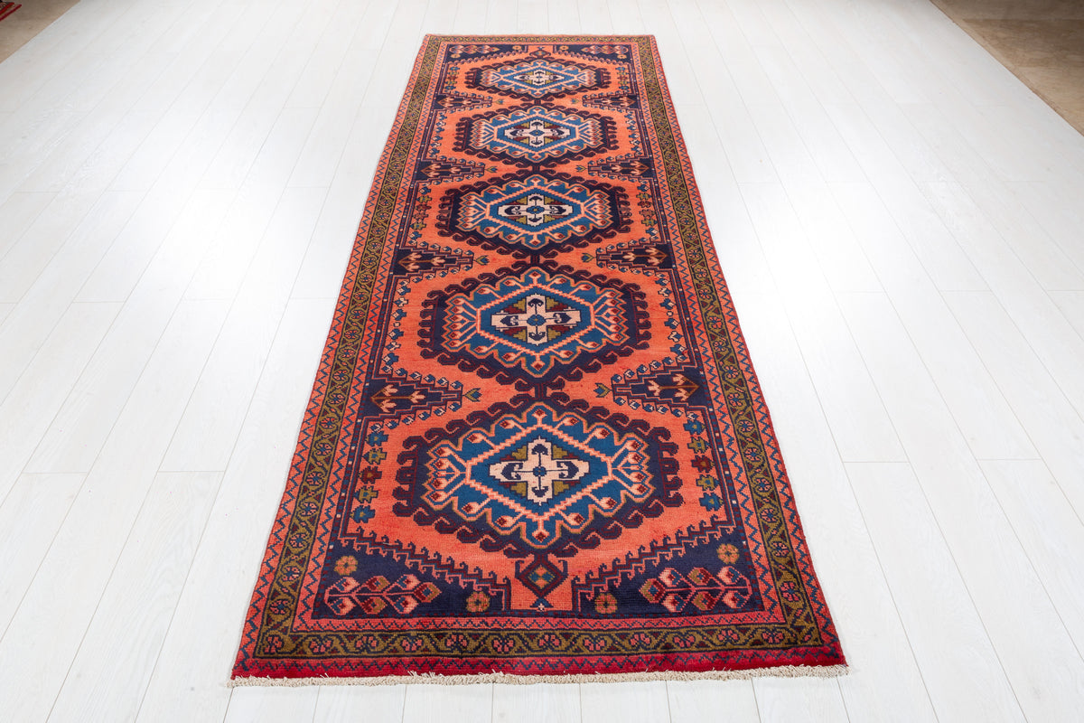 Vintage Geometric Medallion Runner Rug, Orange Red – 10' 0" x 3' 5" (304 x 104 cm)