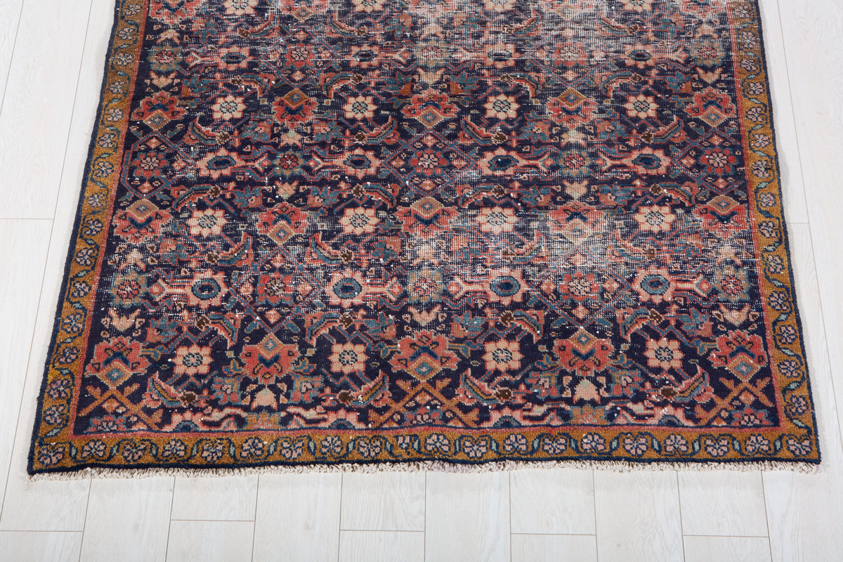 Antique Navy Blue Hand-Knotted Wool Rug – 8' 7" x 4' 5" (261 x 135 cm)