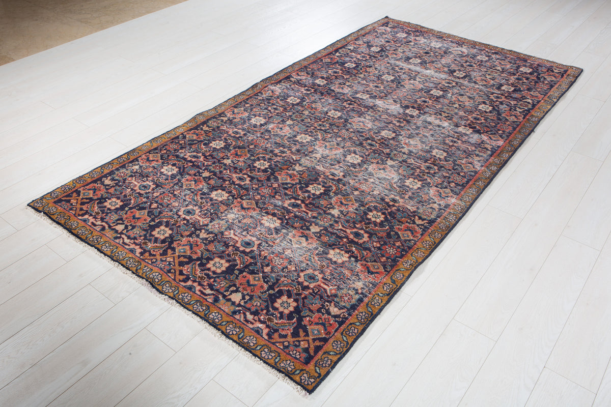 Antique Navy Blue Hand-Knotted Wool Rug – 8' 7" x 4' 5" (261 x 135 cm)