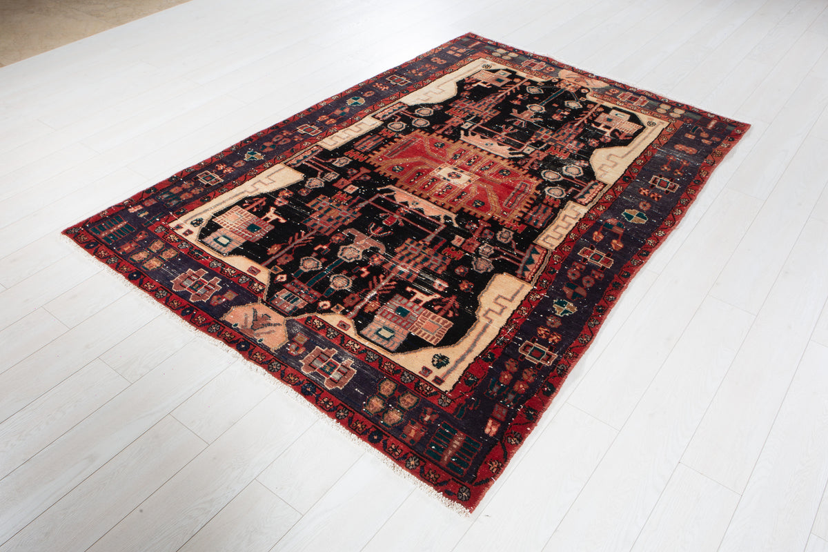 Antique Deep Navy Blue & Red Hand-Knotted Wool Rug – 7' 0" x 4' 10" (213 x 147 cm)