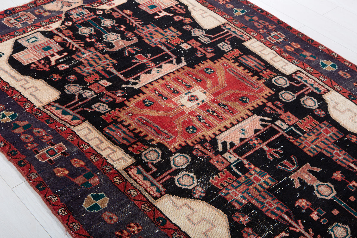 Antique Deep Navy Blue & Red Hand-Knotted Wool Rug – 7' 0" x 4' 10" (213 x 147 cm)