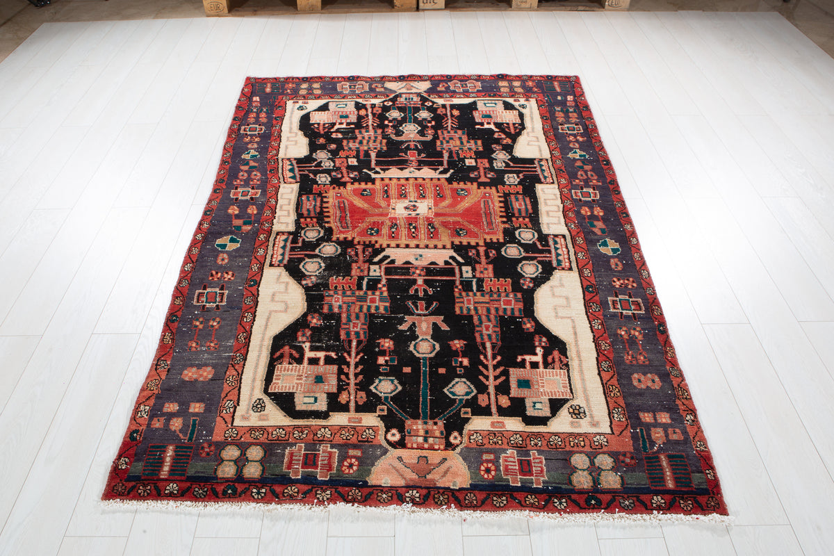Antique Deep Navy Blue & Red Hand-Knotted Wool Rug – 7' 0" x 4' 10" (213 x 147 cm)