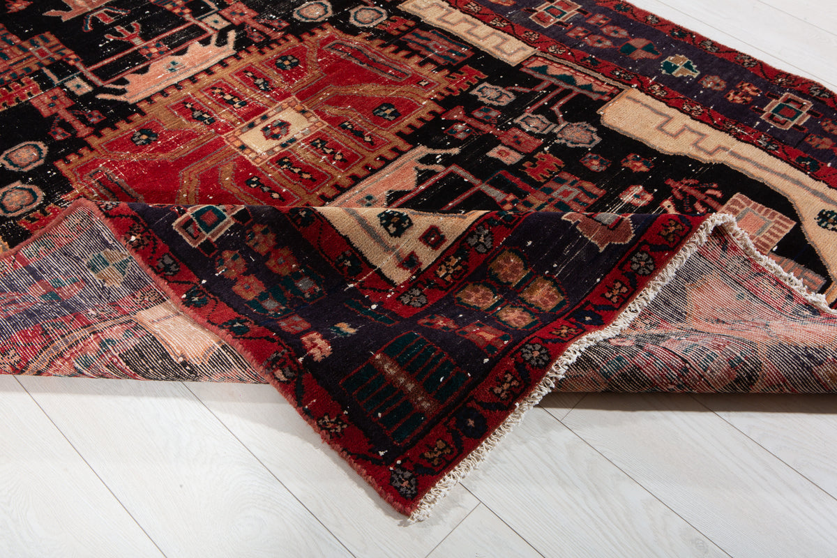 Antique Deep Navy Blue & Red Hand-Knotted Wool Rug – 7' 0" x 4' 10" (213 x 147 cm)